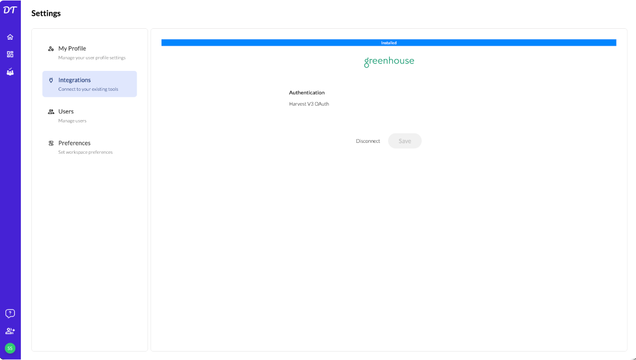 The connected Greenhouse settings page in DreamTeam