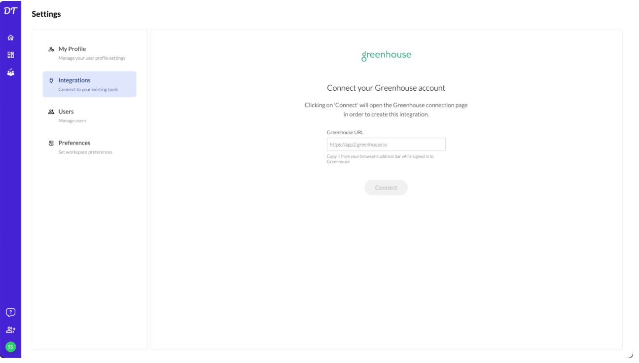 The Greenhouse connect form in DreamTeam, with the Greenhouse URL field