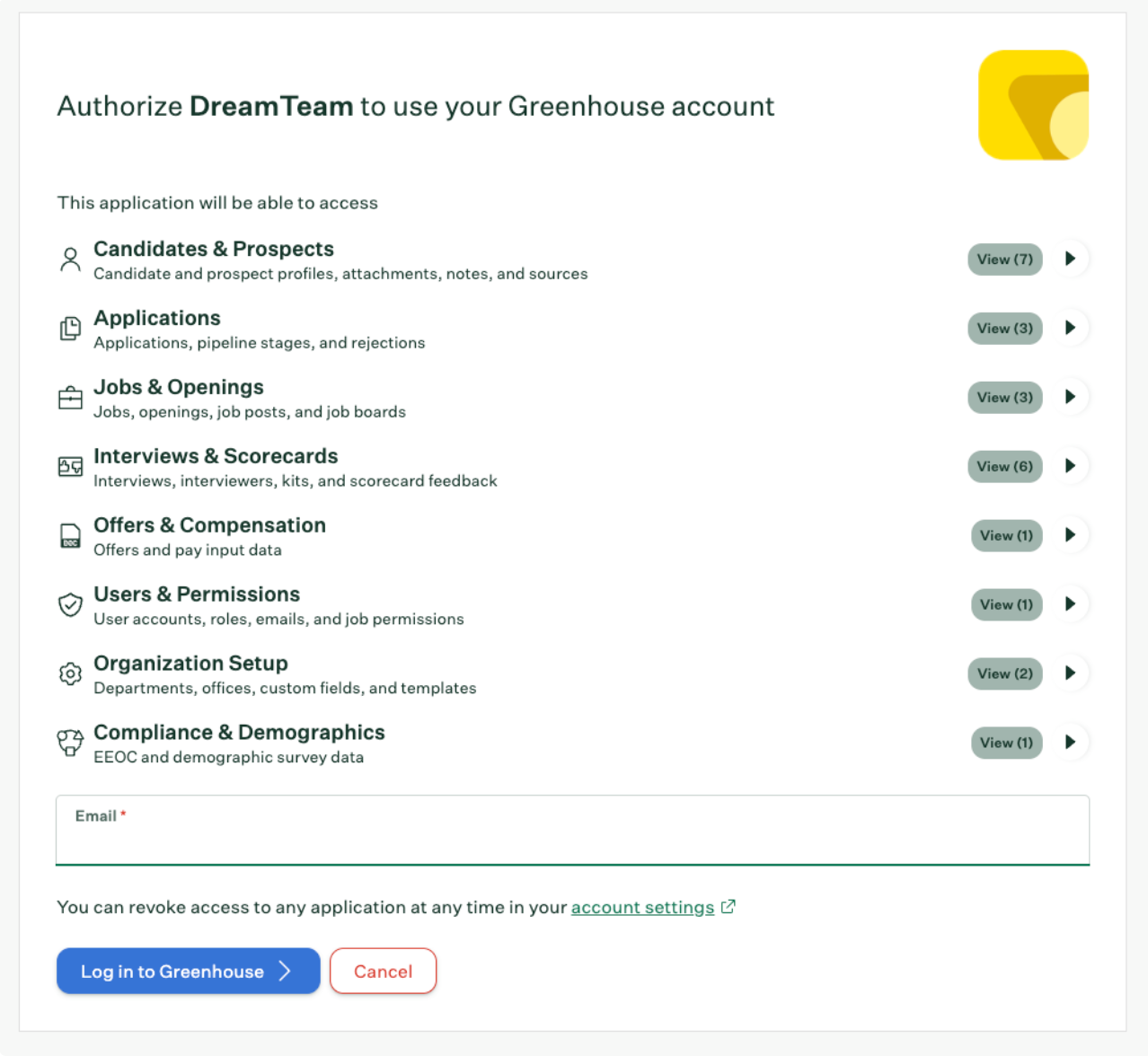 The Greenhouse authorization page before signing in