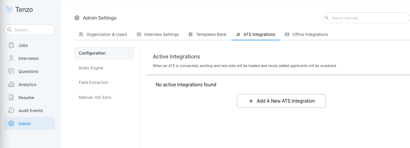 Tenzo ATS Integrations page with the Add A New ATS Integration option