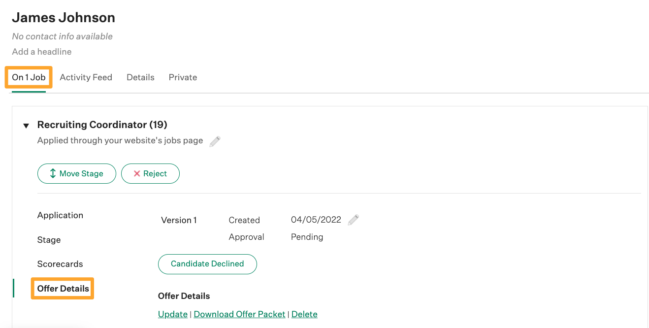 Screenshot of example Offer Details button on a candidate profile
