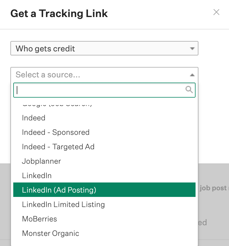 An example tracking link is shown with LinkedIn (Ad Posting) selected as the source