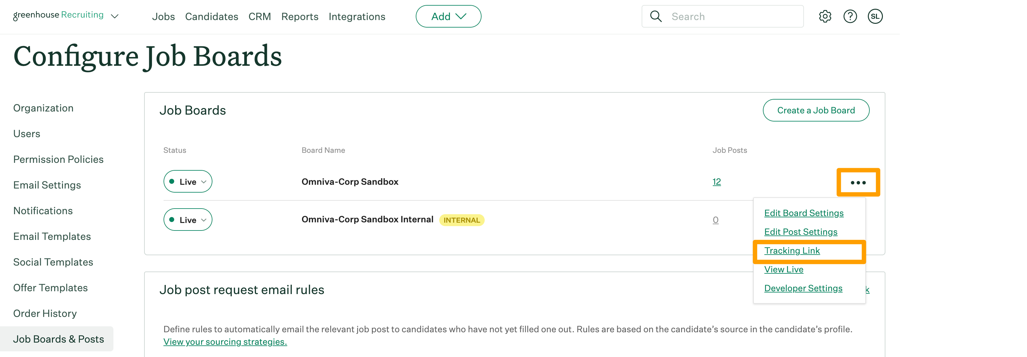 The tracking link button is highlighted on the ellipsis icon dropdown on an example job board