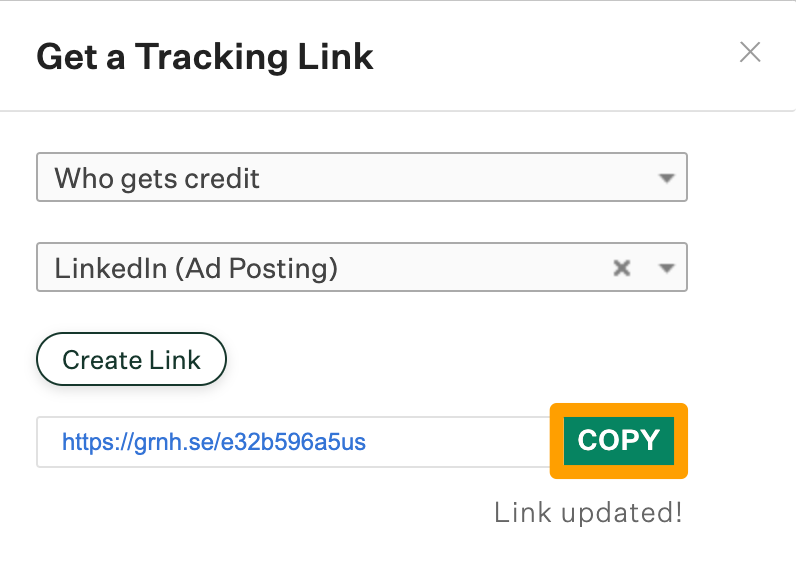 The Copy button is highlighted on a tracking link