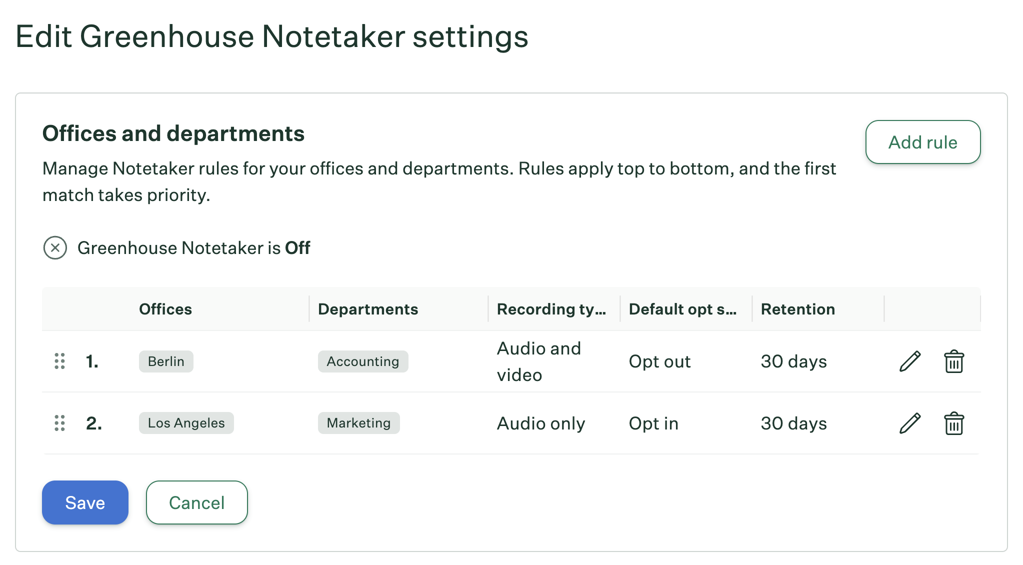 edit Greenhouse Notetaker settings for Offices and Departments