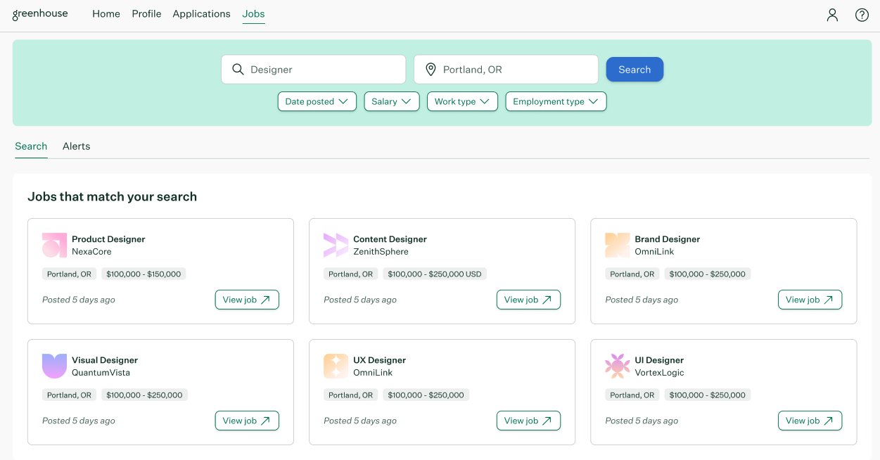 Job search page showing many results