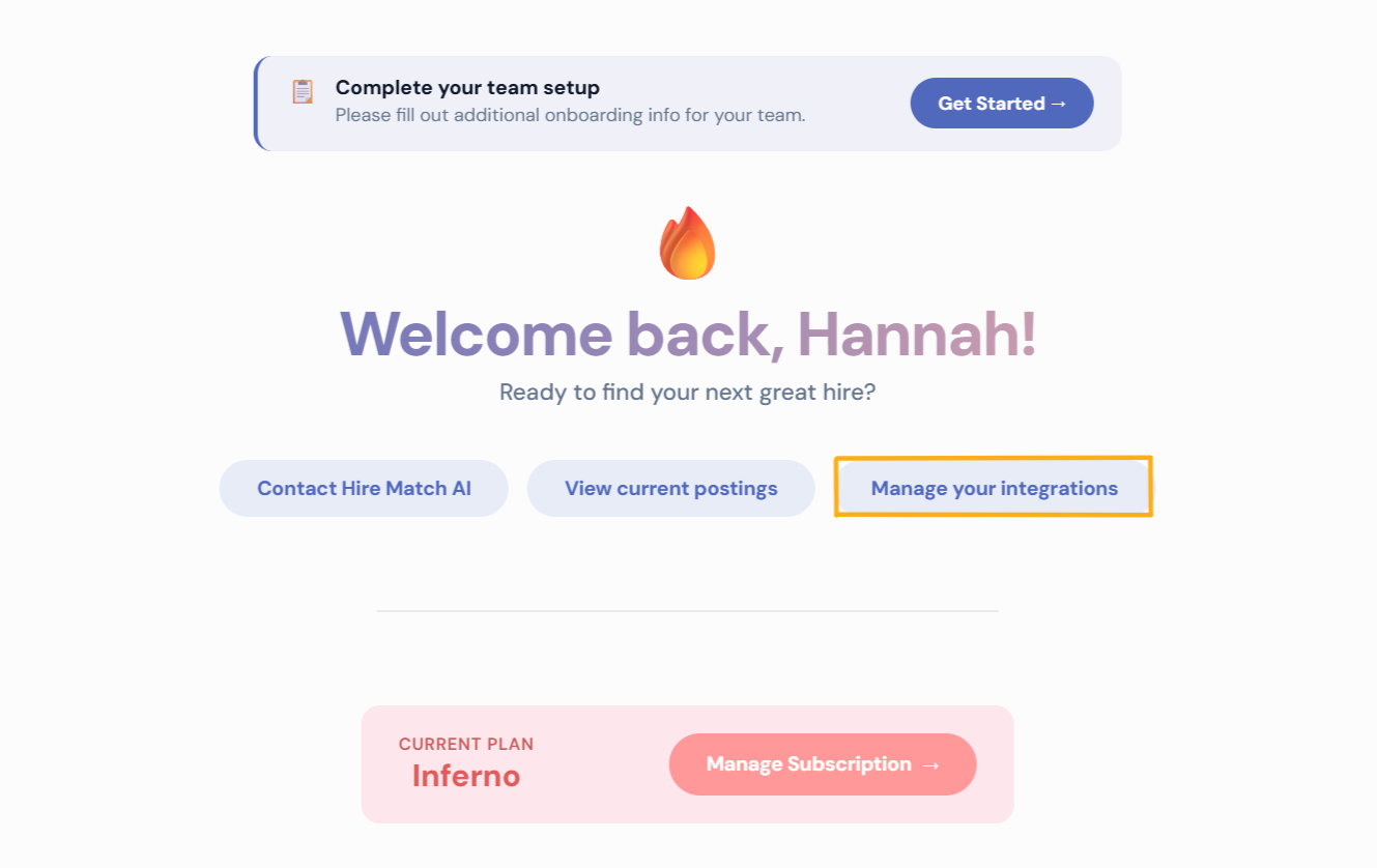 Hire Match AI dashboard with the Manage your integrations option