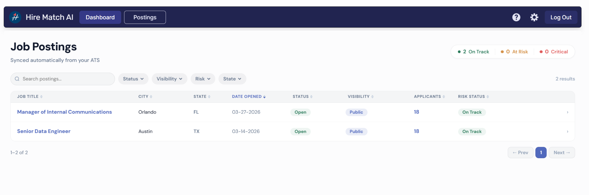 Hire Match AI Postings list