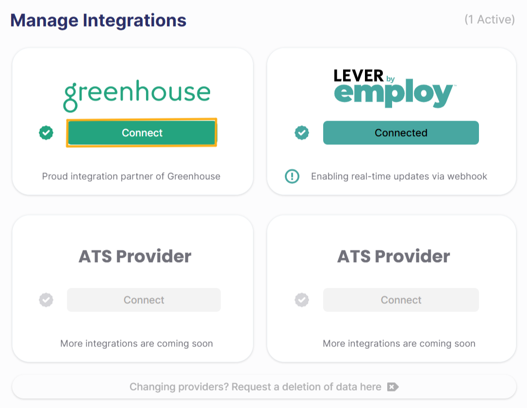Manage Integrations pop-up showing Greenhouse with a Connect button