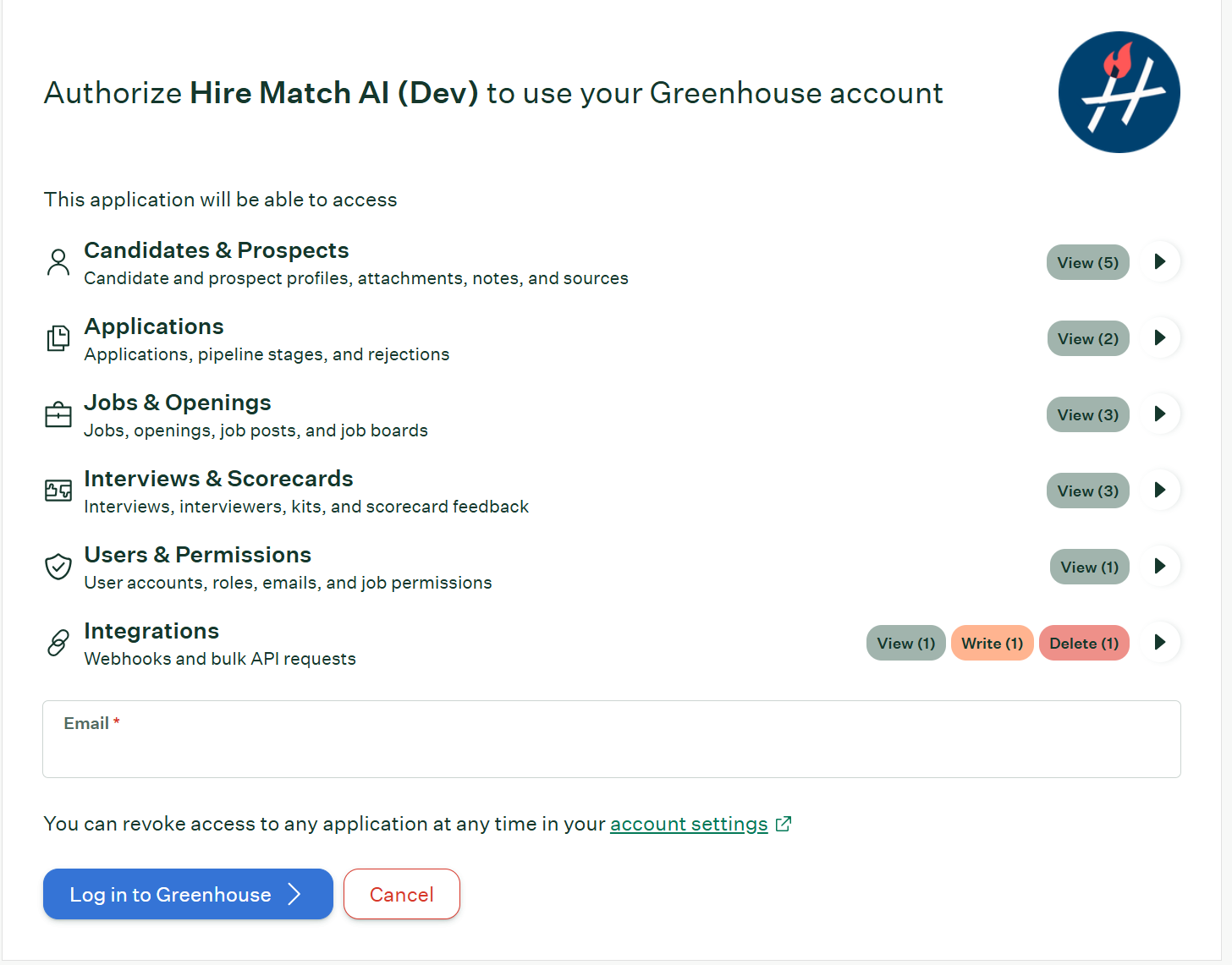 Greenhouse authorization screen for Hire Match AI