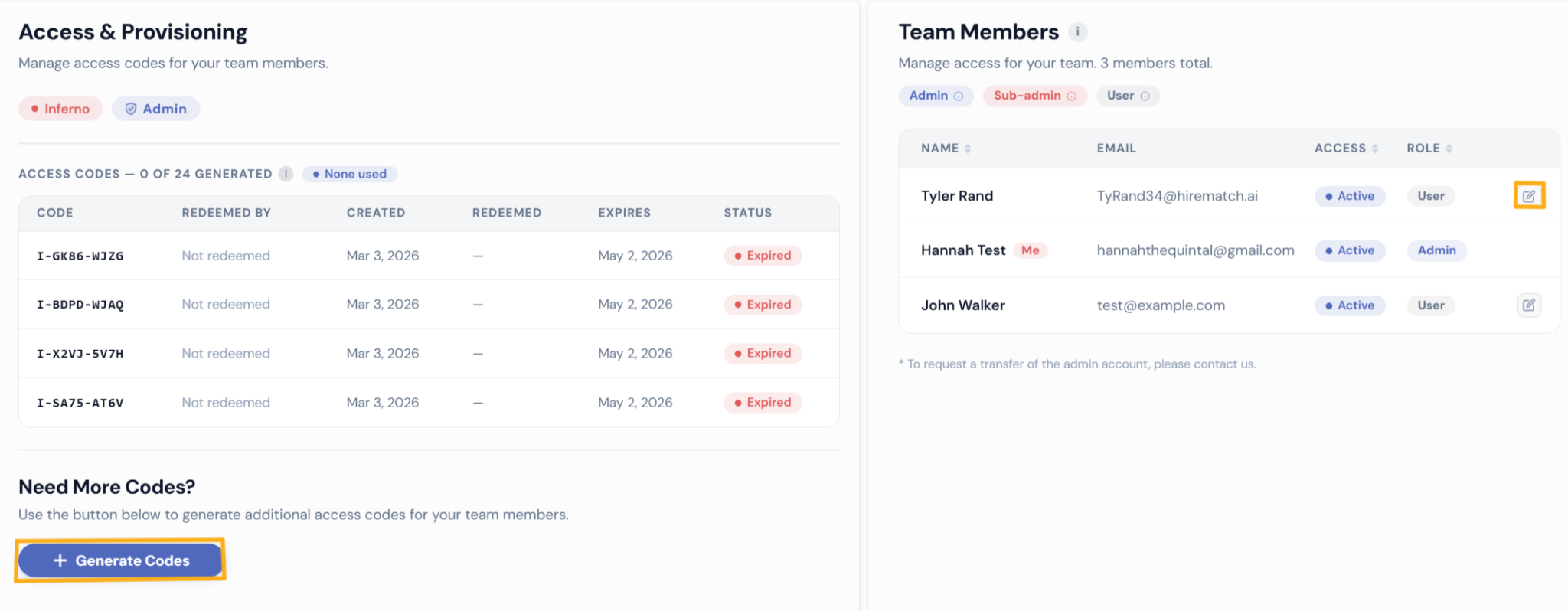 Manage Team section with Generate Codes button and Edit icons