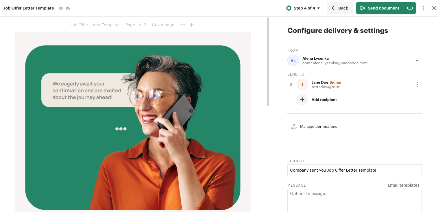 PandaDoc document review and send screen