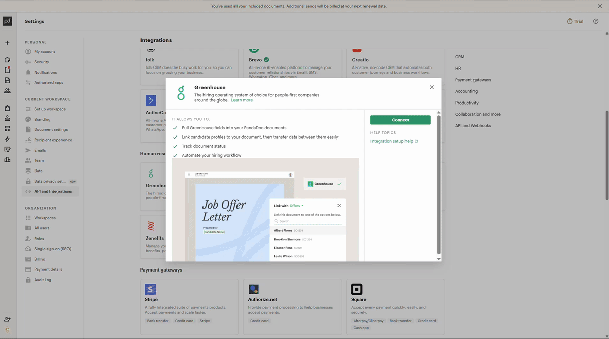 PandaDoc Greenhouse integration page with Connect button