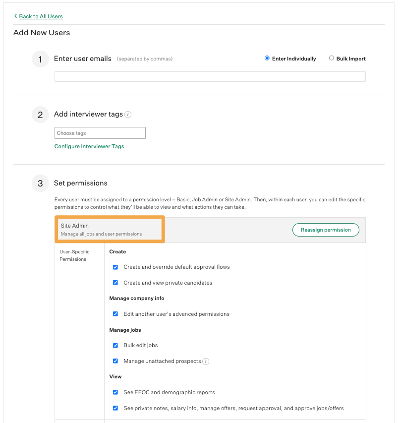 Site Admin new user configuration with all user-specific permissions selected