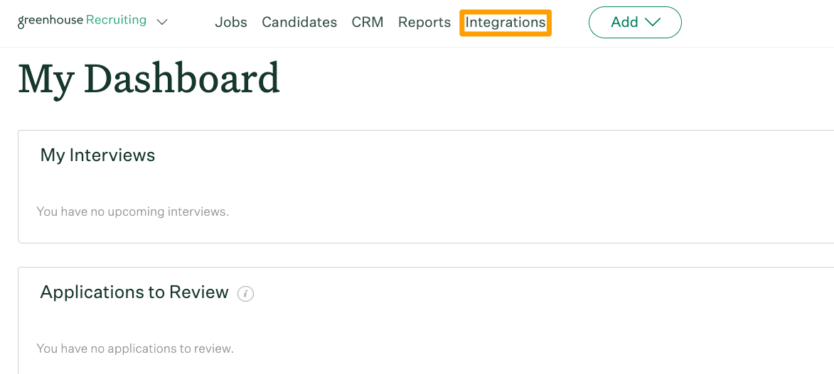 The integrations button is shown highlighted on the navigation bar at the top of any Greenhouse Recruiting page