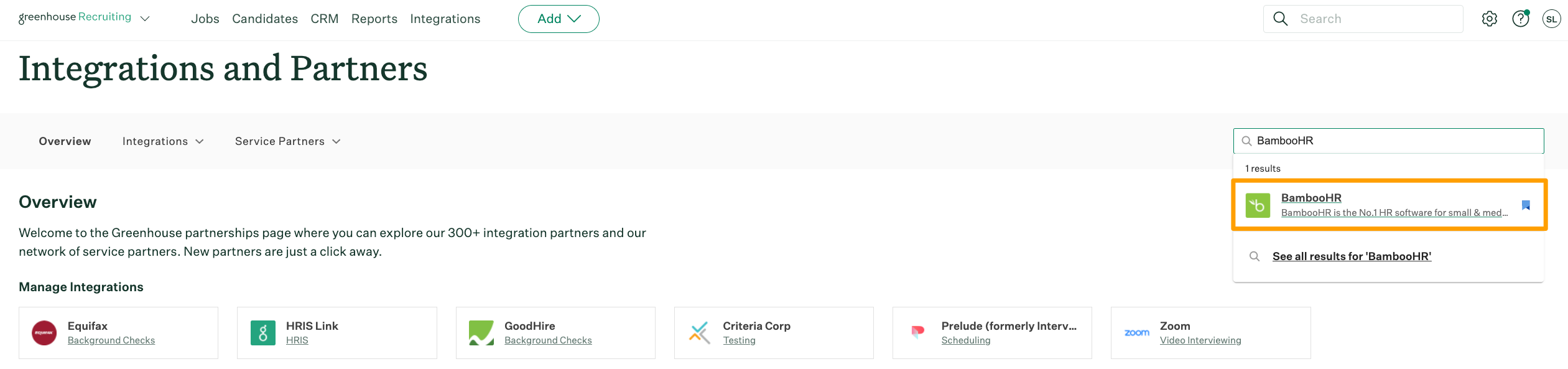BambooHR is highlighted in the search results on the Integrations page