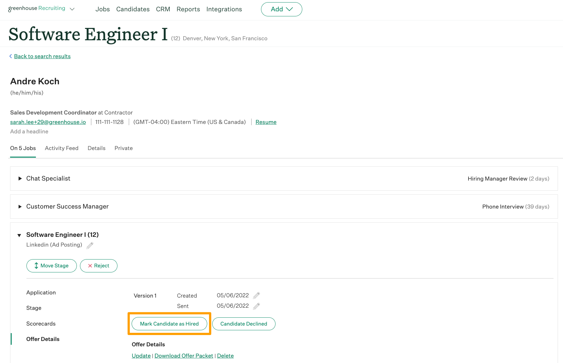 An example candidate's profile is shown with Mark as Hired button highlighted under the On Job tab