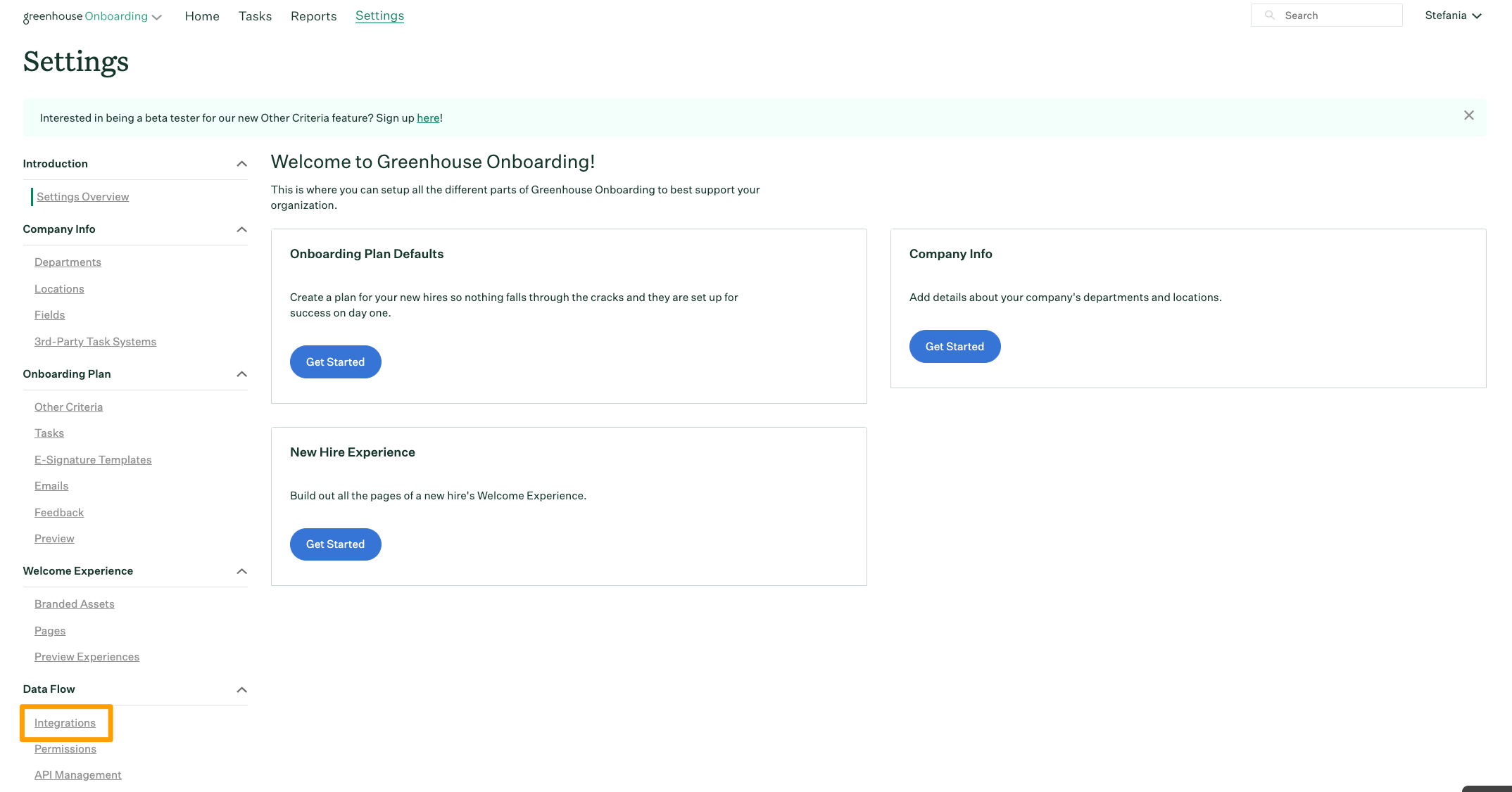 Greenhouse Onboarding page shows the Integrations button highlighted in a marigold emphasis box
