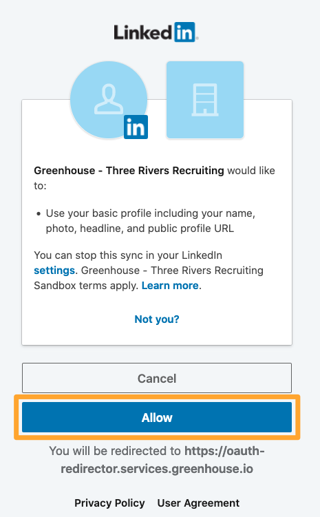LinkedIn Recruiter shows the permissions required to connect Greenhouse Recruiting and the Allow button is highlighted