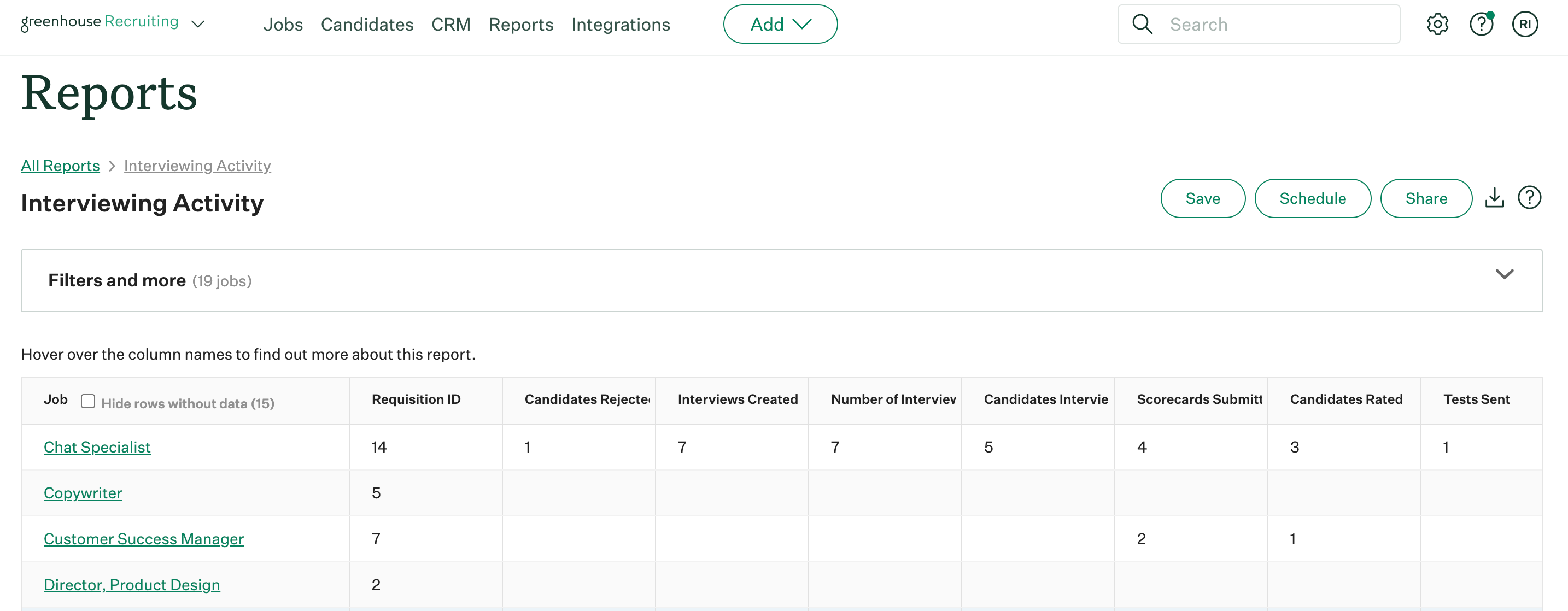 Screenshot of an example interviewing activity report