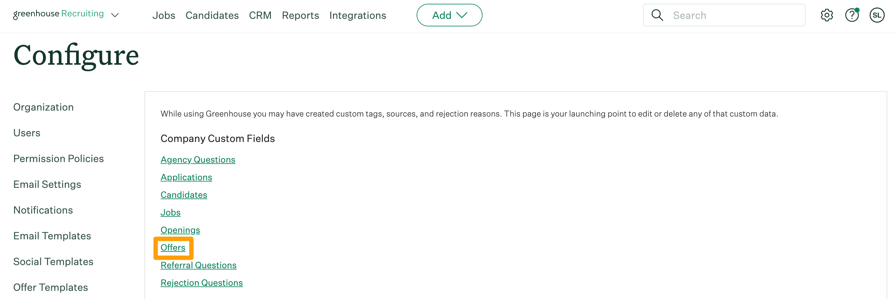 The Configure custom options page is shown with a menu of different options available and Offers highlighted in marigold in the middle