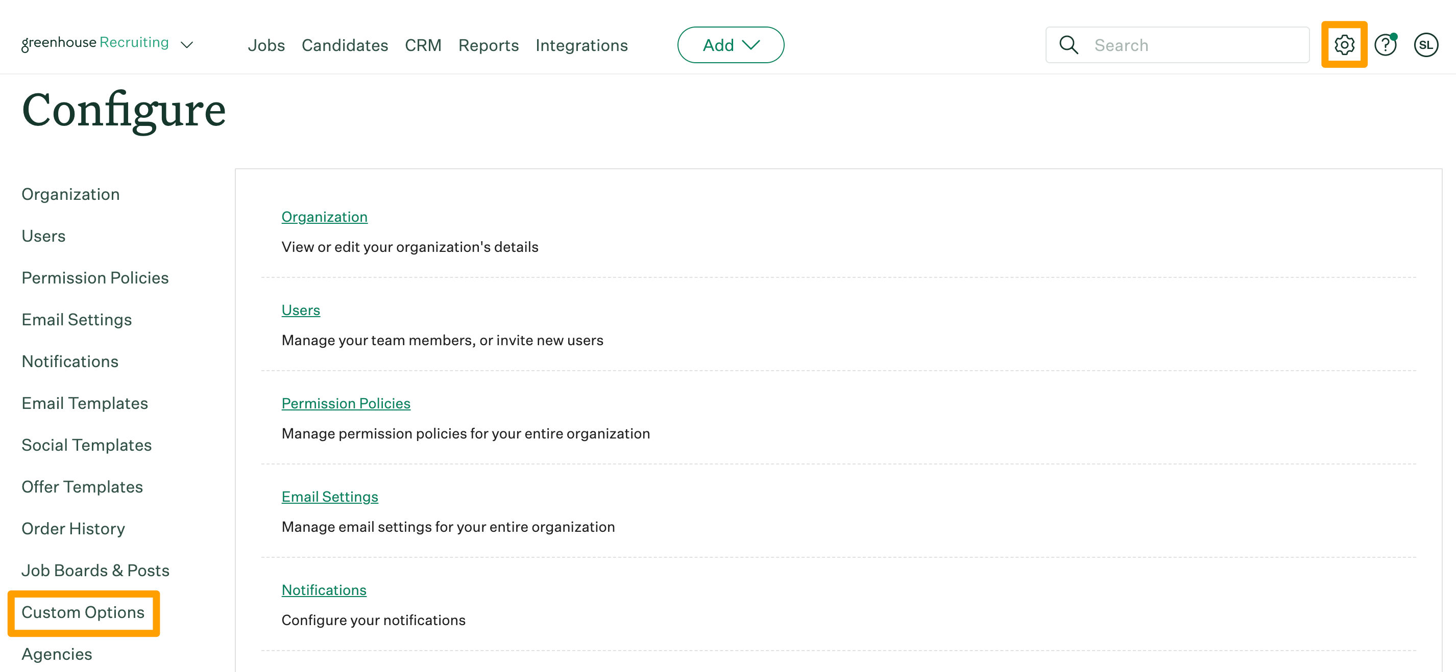 The Configure Custom Options page is shown with a menu of different custom options available