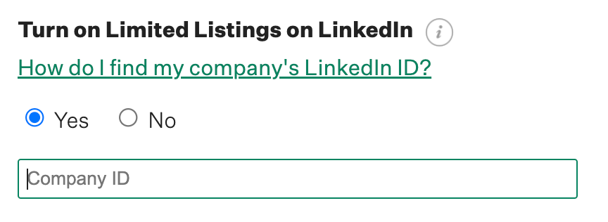 LinkedIn Limited Listings settings are shown on Greenhouse Recruiting with an example Company ID entered