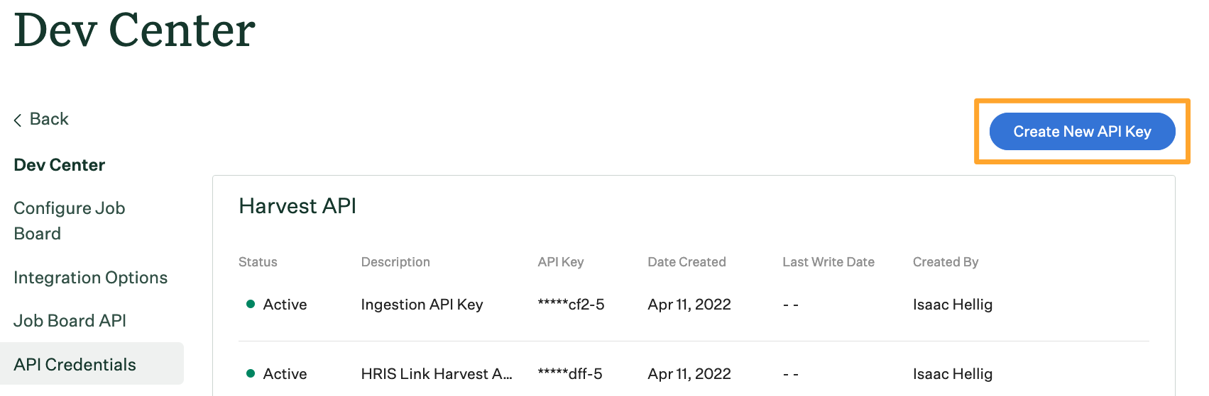Screenshot of create API key button 