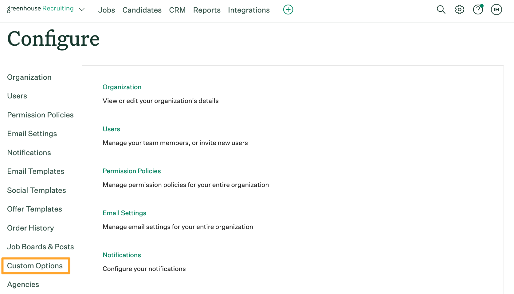 Screenshot of custom options menu item 