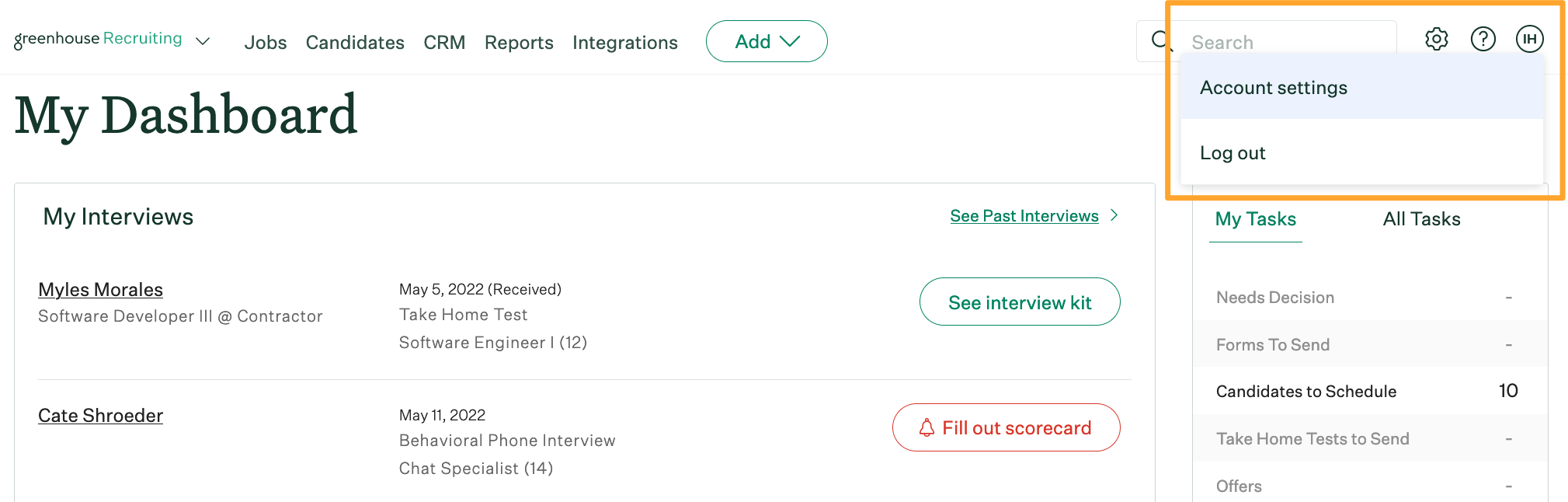 Screenshot of account settings menu 