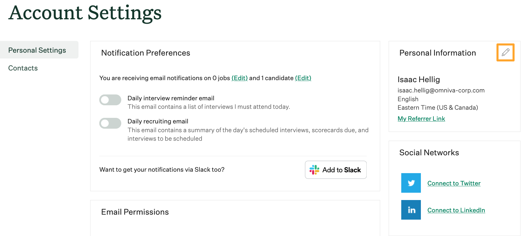Screenshot of personal information-settings 
