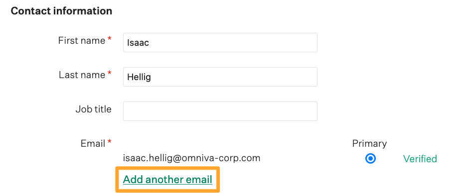 Screenshot of add another email button 