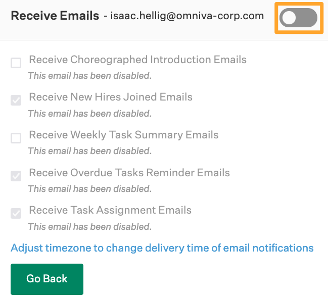 Screenshot of all email toggles 