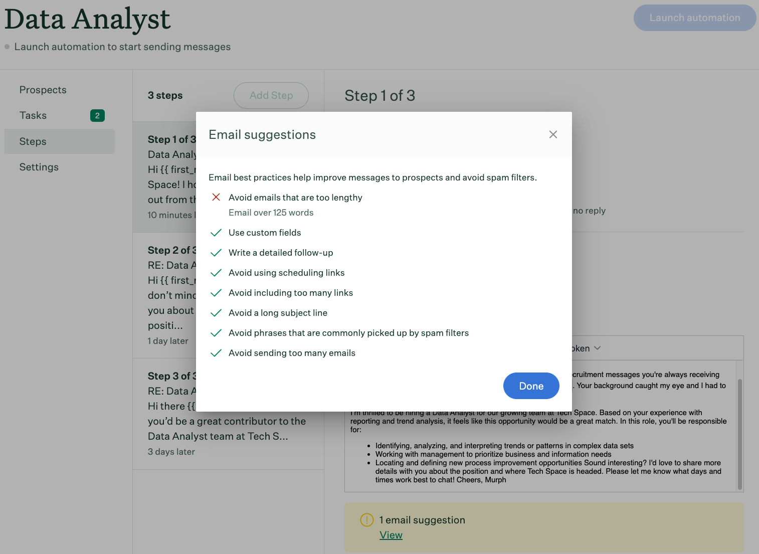 Screenshot of the email coach. 