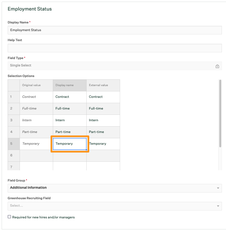 Edit Field page with field option Display Name cell highlighted to be deleted