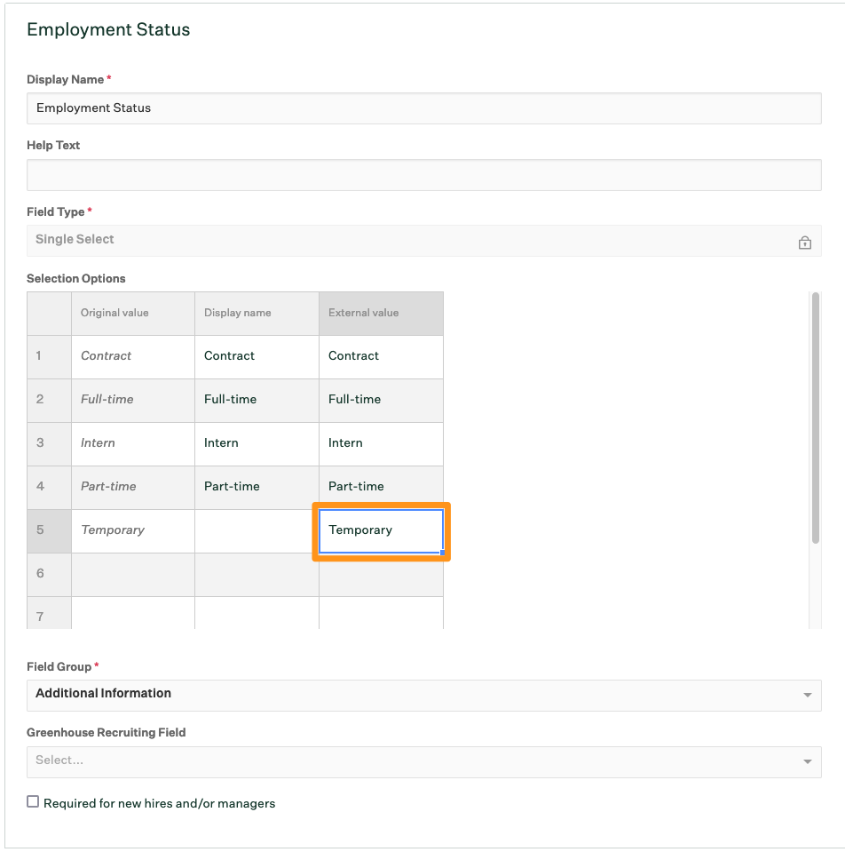 Edit field page with field option External Value cell highlighted to be deleted