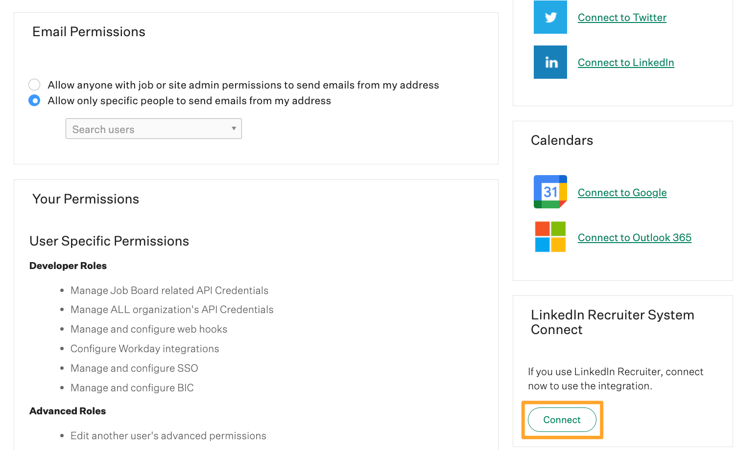 The LinkedIn Recruiter System Connect panel is shown with the Connect button highlighted