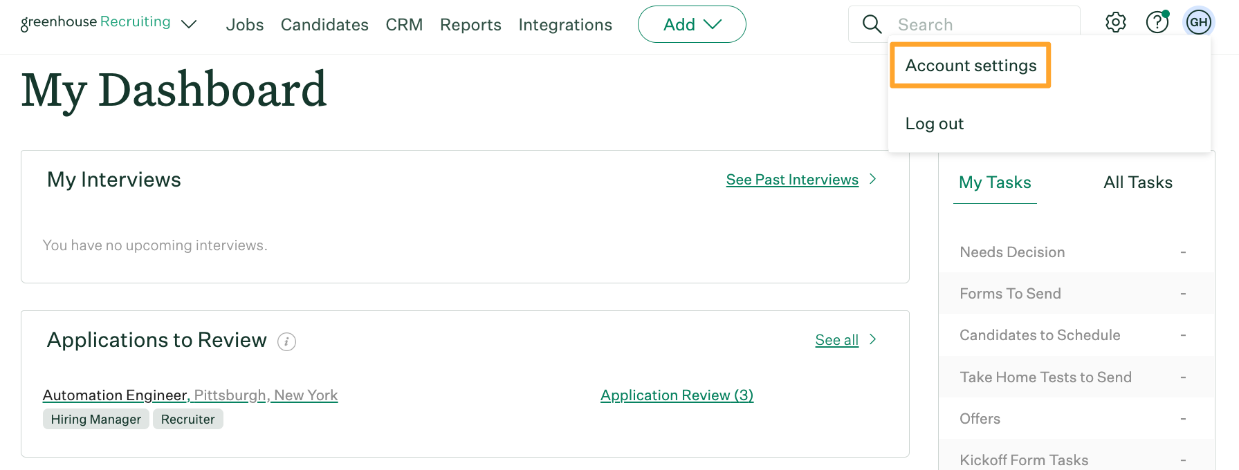 Greenhouse Recruiting shows an Account Settings button highlighted on the drop-down of an example user's initials