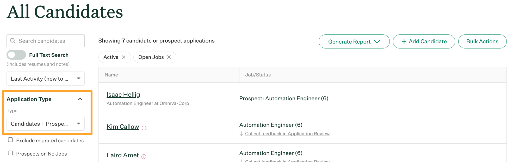 Greenhouse Recruiting shows the candidates page filtered by application type to only show prospects