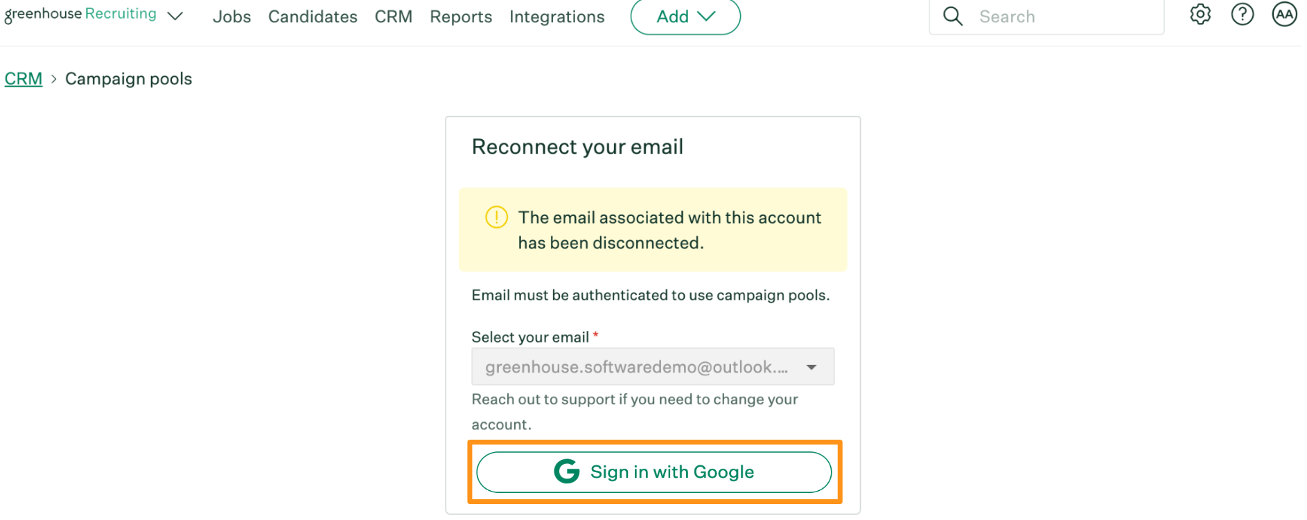 Screenshot  of  the  sign  in  with  google  button  for  disconnected  accounts.  
