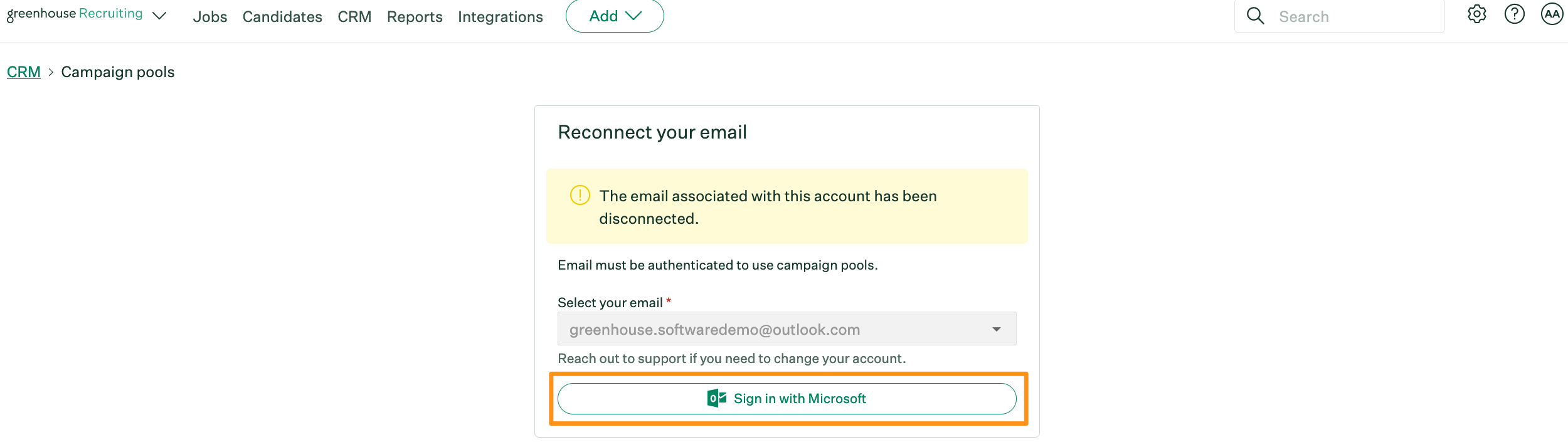 Screenshot of the sign in with microsoft button for disconnected accounts. 