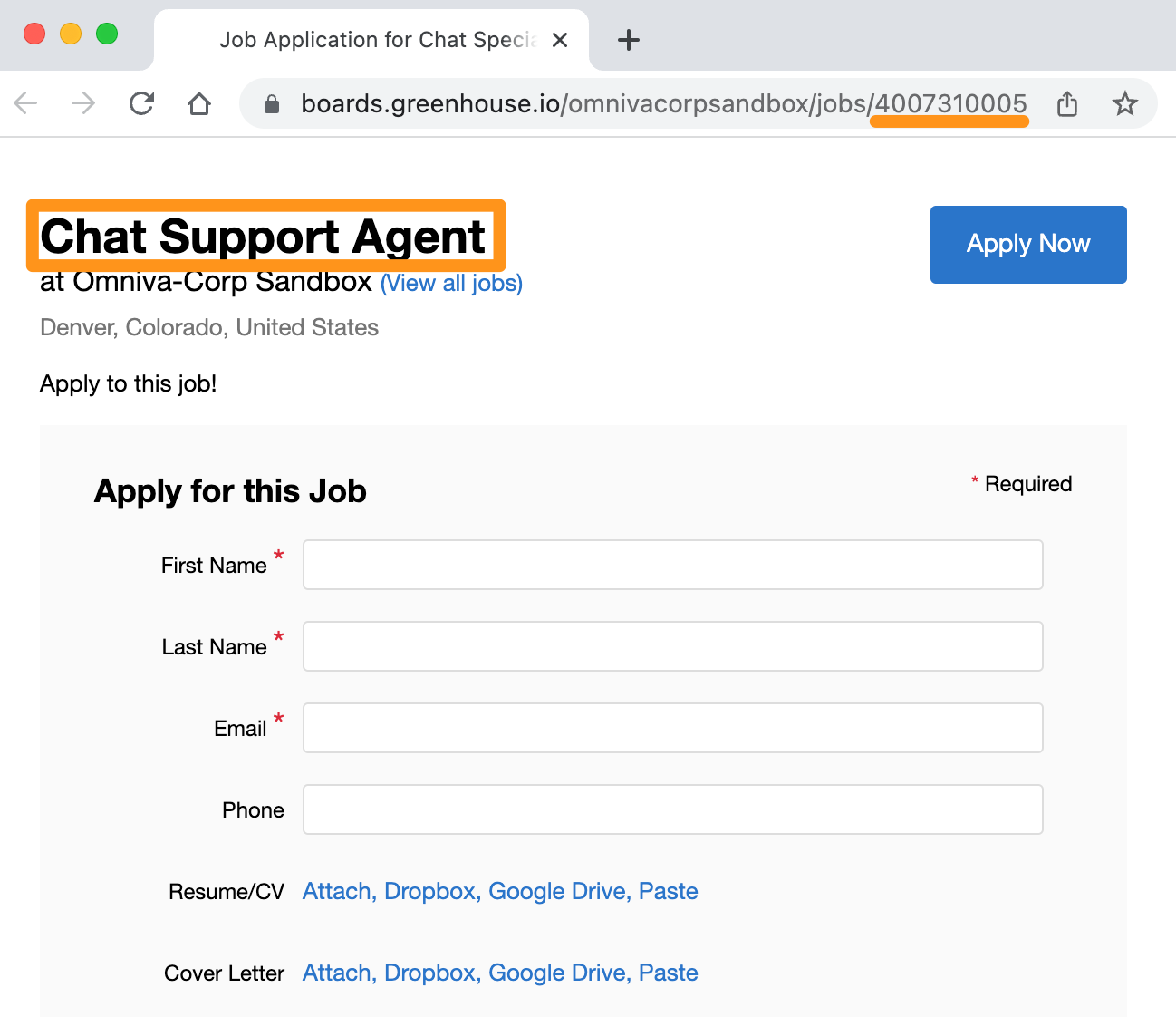 Screenshot of a job ID in a job post url