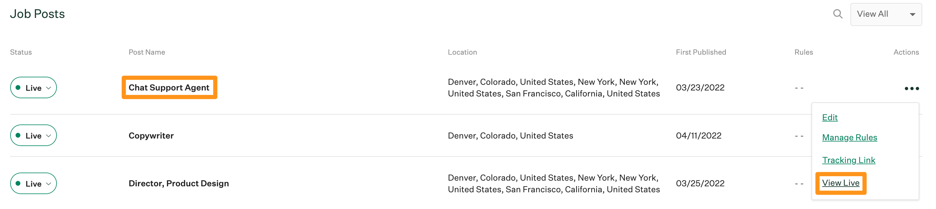 Screenshot of a job post name and the view live link