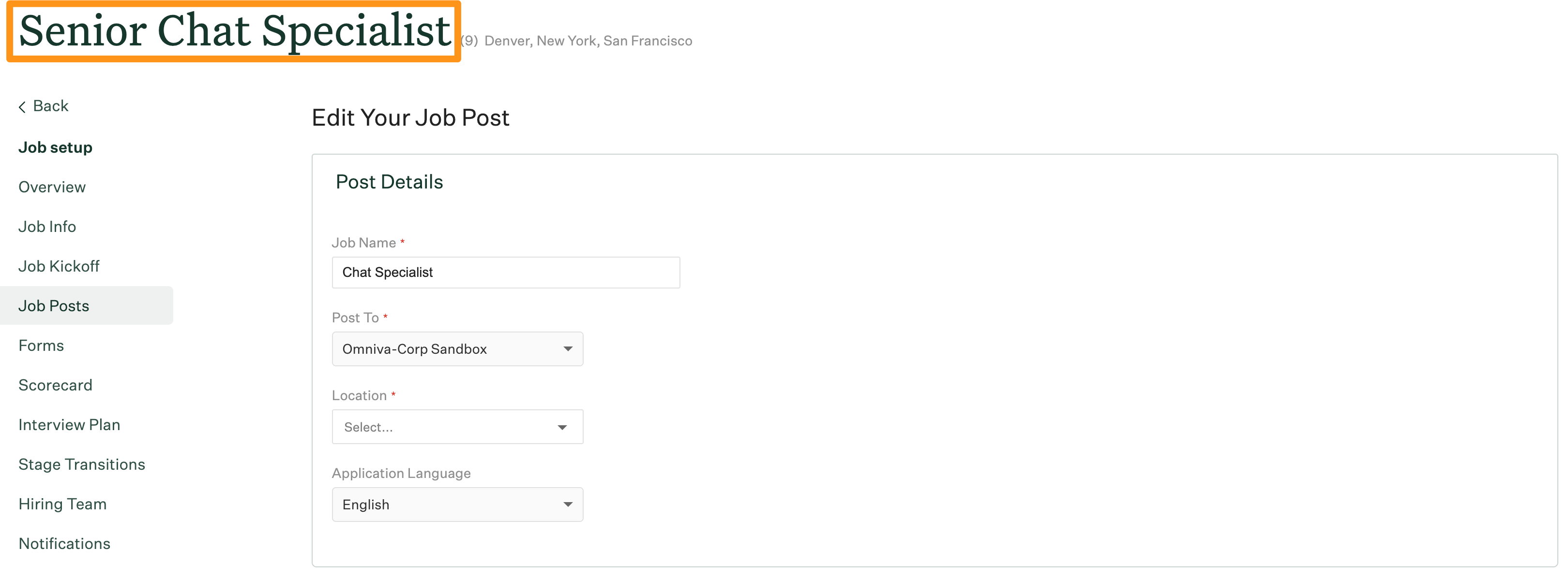 Screenshot of an internal job name on the edit job post page