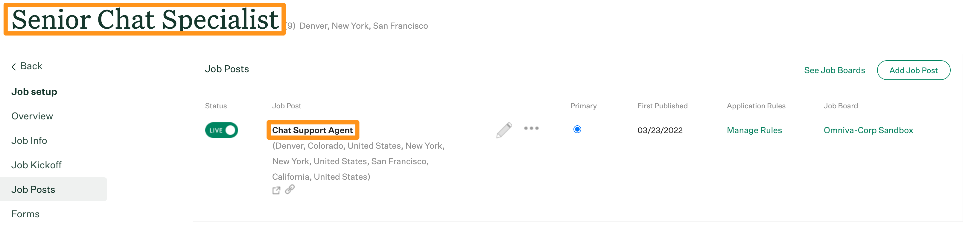 Screenshot of an internal job name versus job post name
