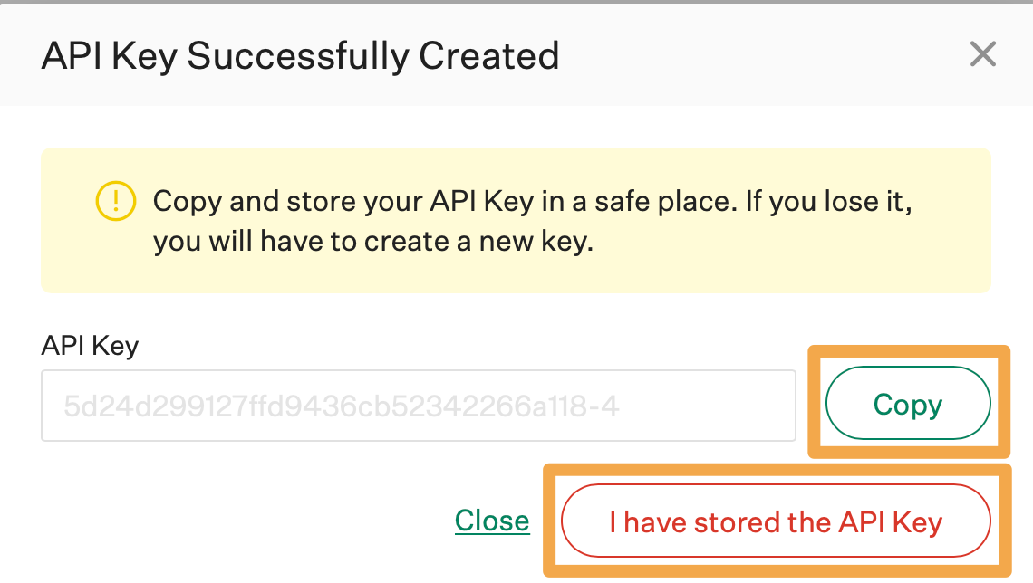 Screenshot of the API key successfully created window