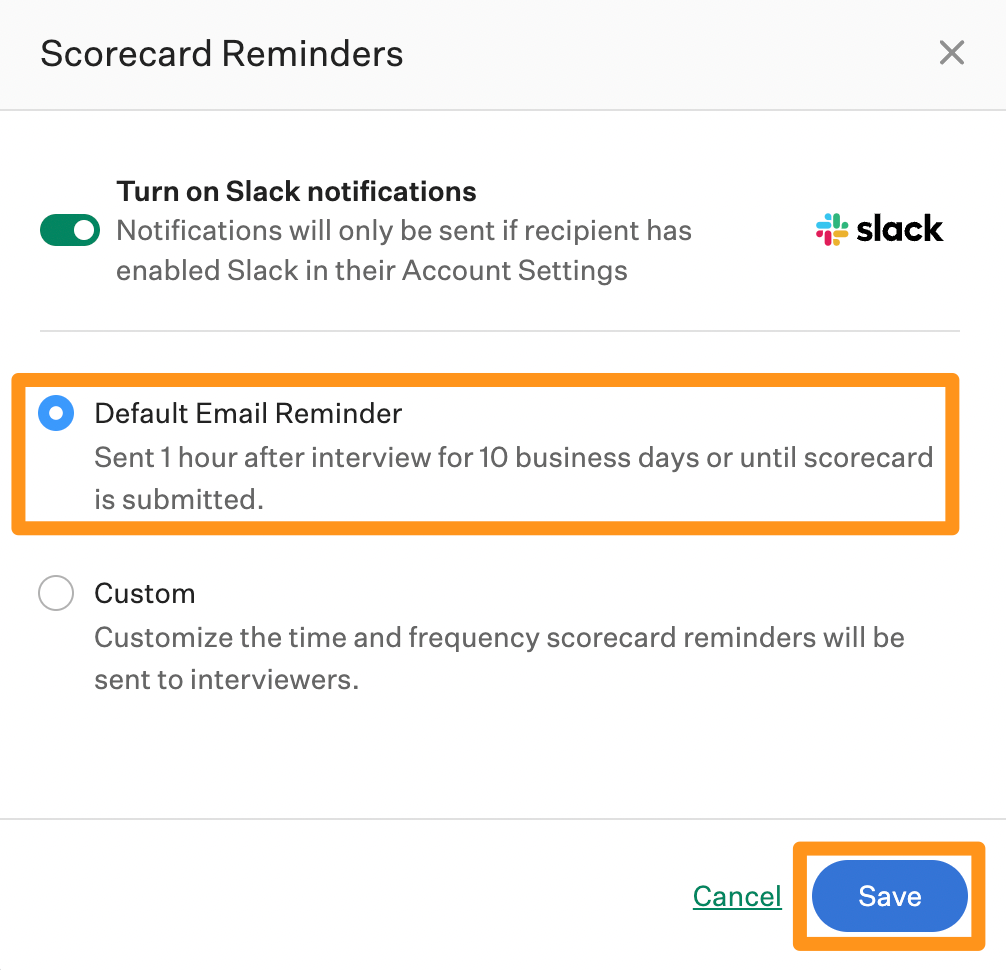 Screenshot of the default email reminder options