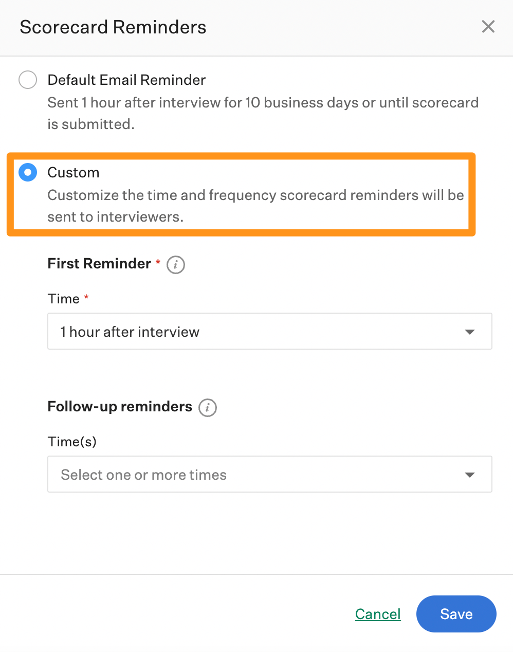 Screenshot of the custom email reminder options