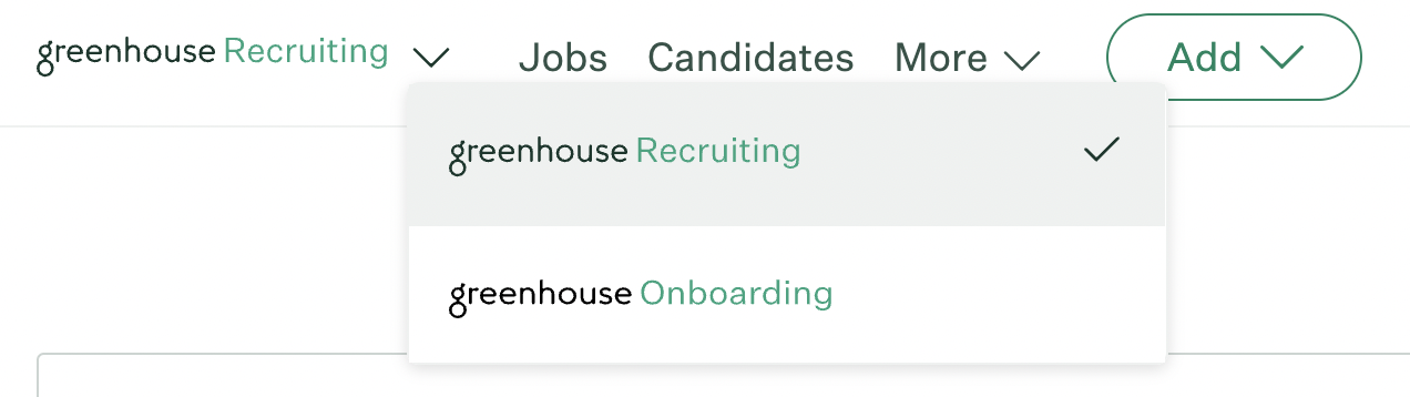 Screenshot of the new toggle between Greenhouse Recruiting and Greenhouse Onboarding