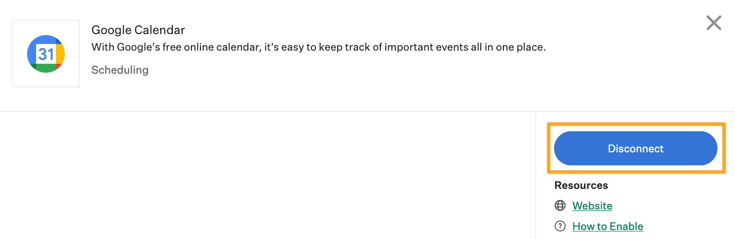 The Google Calendar integration is shown with the Disconnect button highlighted in marigold